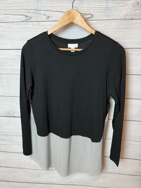J. Jill Black Mixed Media Top with White Pinstriped Hem Lightweight XS EUC